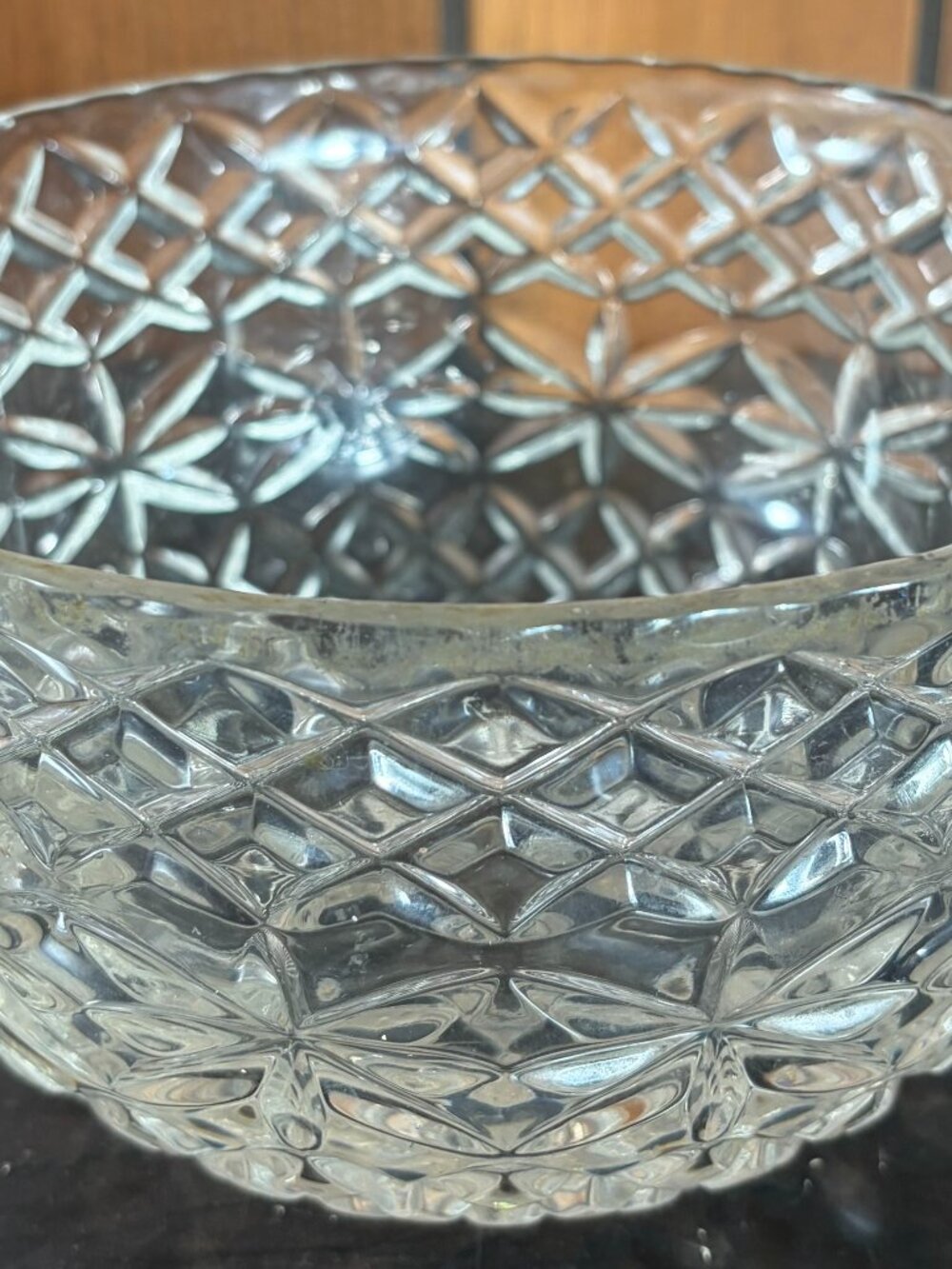 Vintage Avitra Cut Lead Crystal Serving Bowl Diamond & Starburst Pattern 7.5"